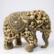 Antique Finish Polyresin Elephant with Dancing Lady Carvings