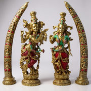 Royal Radha Krishna Idol with Twin Elephant Tusks | Premium Spiritual Home Décor & Gift Set (Combo)