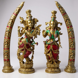 Royal Radha Krishna Idol with Twin Elephant Tusks | Premium Spiritual Home Décor & Gift Set (Combo)