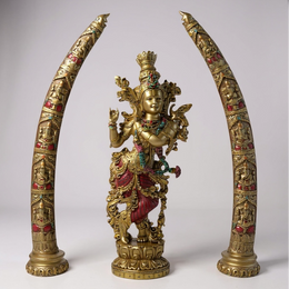 Divine Krishna Idol with Ornamental Elephant Tusks | Premium Home Décor & Spiritual Gift Set (Combo)