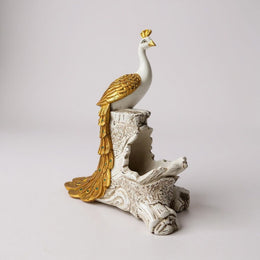 Elegant White & Gold Peacock on Stump Statue